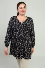 Chemise longue grande taille à col rond et manches repliées à motif de feuilles pour femme