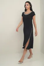 Kadın Madonna Yaka Biye Detaylı Yırtmaçlı Kristal Uzun Elbise