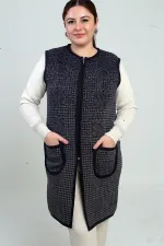 Women's Front Zippered Houndstooth Pattern Plus Size Pocket Knitwear Long Vest