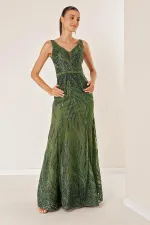 Thick Strapped Ghost Tulle Lined Glittery Long Dress