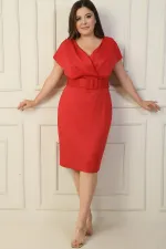 Front Back V Neck Waist Belted Lined Plus Size Dress