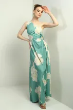 Women's One Shoulder Side Window Large Leaf Patterned Long Crepe Satin Dress