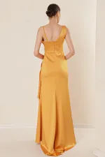 Long Satin Dress with One Side Rope Straps, Beaded Guipure Detail, Lining and Front Slit