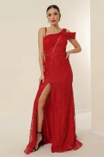 Tek Taraf İp Askılı Beli Boncuklu Astarlı Pul İşlemeli Önü Yırtmaçlı Uzun Balık Elbise