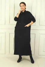 Women's Oysho Long Dress with Collar Zipper, Hood, and Patch Pockets, Relaxed Fit.