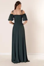 Yakası Pliseli Balon Kollu Uzun Şifon Elbise