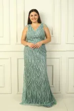 Women's Plus Size Long Dress with Tasseled Shoulders, Lined, and Embellished with Beads and Stones