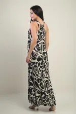 Women's Long Dress with Collar Accessory, Side Lace-up, Pockets, and Mixed Pattern.
