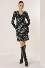 Wrap Neck Buckle Detail Patterned Lycra Dress