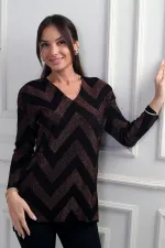 Chemisier à paillettes à col en V pour femme, à motifs zigzag, grande taille et à volants espacés