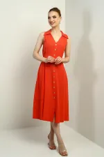 Kadın Polo Yaka Ön Pile Düğme Detaylı Midi Keten Elbise