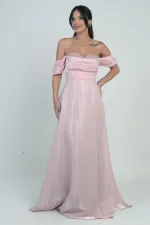 Kadın Parlak Taş Detaylı Straplez Düşük Kollu Organze Uzun Elbise