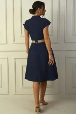 Women's Collared, Off-Shoulder, Double-Pocket, Belted Linen-Effect Dress