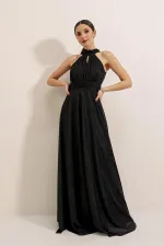 Boyundan Bağlamalı Astarlı Simli Uzun Elbise