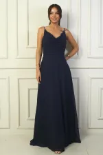 Kadın İp Askılı Drapeli Astarlı Şifon Uzun Elbise