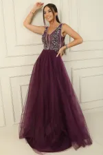 Taş Ve Boncuk İşlemeli Astarlı Uzun Tül Elbise