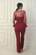 Combinaison en crêpe à imprimé feuilles de tulle pour femme avec ceinture et manches à plumes