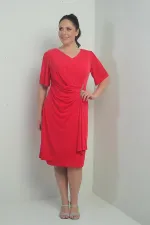 Robe femme à col en V froncée sur le devant avec détails en pierres, doublée, grandes tailles, Lycra