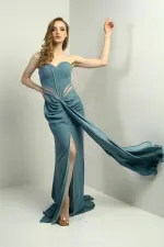 Women's Long Strapless Dress with Beaded Detail and Transparent Lining at the Waist