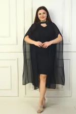 Women's V-Neck Lined Plus Size Glitter Dress with Chiffon Cape