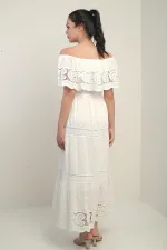 Women's Madonna Neckline Lined Long Dress with Lace Details and Embroidery
