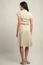 Women's Collared, Off-Shoulder, Double-Pocket, Belted Linen-Effect Dress