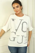 Women's Off-Shoulder Tulle Embroidered Blouse with Rhinestone and Lettering on the Front, Wide Fit