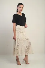 Kadın Beli Lastikli Astarlı Dantel Fisto Midi Etek