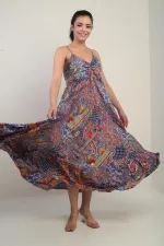 Women's Strappy Long Satin Dress with Embroidered Back Detail and Pattern