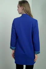 Women's Shawl Collar Long Jacket with Leopard Print Sleeve Cuffs and Lycra Fabric