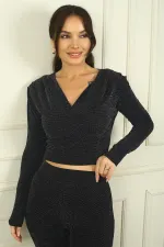 Women's Double-Breasted Long Sleeve Glittery Blouse