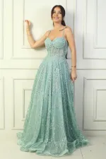 Kadın İp Askılı Boncuk Detaylı Pul İşlemeli Astarlı Uzun Abiye Elbise