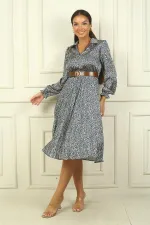 Kadın Beli Kemerli Astarlı Leopar Desenli Pileli Saten Elbise