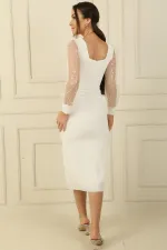 Kare Yaka Kolları Pulpayet Tüllü Elbise