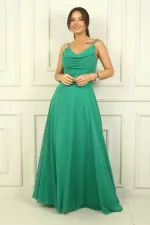 Kadın İp Askılı Drapeli Astarlı Şifon Uzun Elbise