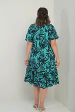 Kadın V Yaka Karışık Yaprak Desenli Cepli Eteği Fırfırlı Büyük Beden Elbise