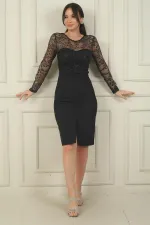 Kadın Üstü Tül Yaprak Flok Baskılı Kemerli Kısa Krep Elbise