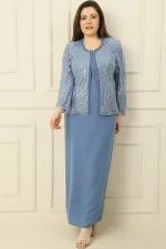 Robe longue à manches demi-lune avec veste en tulle brodée de perles et de sequins, doublée, ensemble deux pièces grande taille