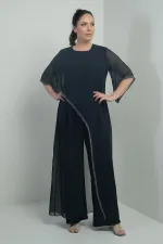 Kadın Üstü Şifon Taş Detaylı İspanyol Kollu Bol Paça Büyük Beden Likralı Tulum