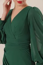 Double-Breasted Front Pleated Lined Long Chiffon Dress