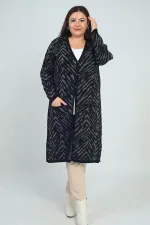 Kadın Zebra Desenli Cepli Büyük Beden Triko Uzun Hırka