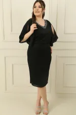 Front and Back Embellished V-Neck Lined Low-Cut Batwing Sleeve Glittery Plus Size Dress