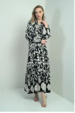 Robe longue hijab pour femme, col mandarin, boutons sur le devant, poignets élastiqués, motif châle