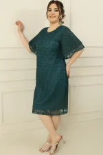 Short Sleeve Flounce Lined Plus Size Glittery Lace Dress
