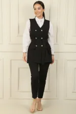 6-Button Vest with Faux Pockets and Belt, Elastic Waist Slim-Fit Trousers - 2-Piece Set