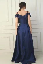 Women's Strappy Boat Neck Long Taffeta Evening Dress with Rose Detail, Lined, and Pockets