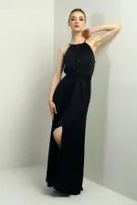 Robe longue en velours côtelé satiné à bretelles, col halter et ceinture fendue sur le devant pour femme