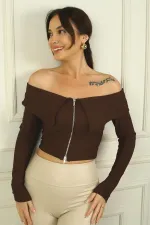 Women's Front Zippered Wide Neck Long Sleeve Crop Blouse