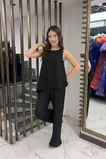 Kadın  Toka Detaylı Eteği Asimetrik Bluz Beli Lastikli Cepli Palazzo Pantolon Keten 2'li Takım