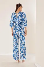 Beli Lastikli Cepli Palazzo Pantolon Ön Arka V Yaka Crop Desenli İkili Takım